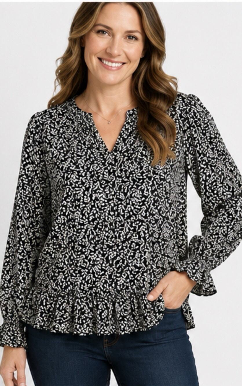 Christopher & Banks Womens L Black White Leaf Print Long Sleeve Ruffle